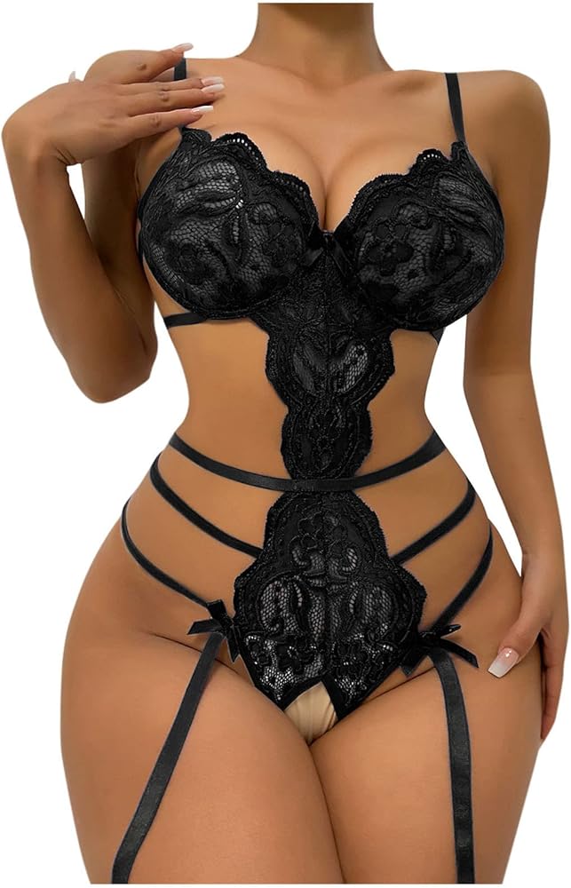 Women One Piece Lingerie Deep V Teddy Sexy Lace Bodysuit Hollow Out Exotic Sluttly Nightwear for Sex Naughty Play L24