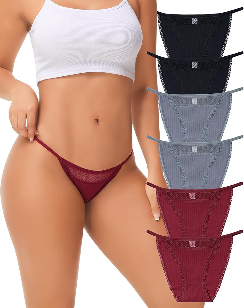 LEVAO Cotton Underwear for Women Sexy String Bikini Panties Lace Cut Out Underwear Stretch Ladies Cheeky Briefs 6 Pack S-XL