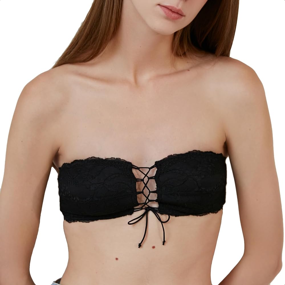 Women's Strapless Lace Bra, Wirefree Tube Top Bandeau Bra with Padded Bralette.