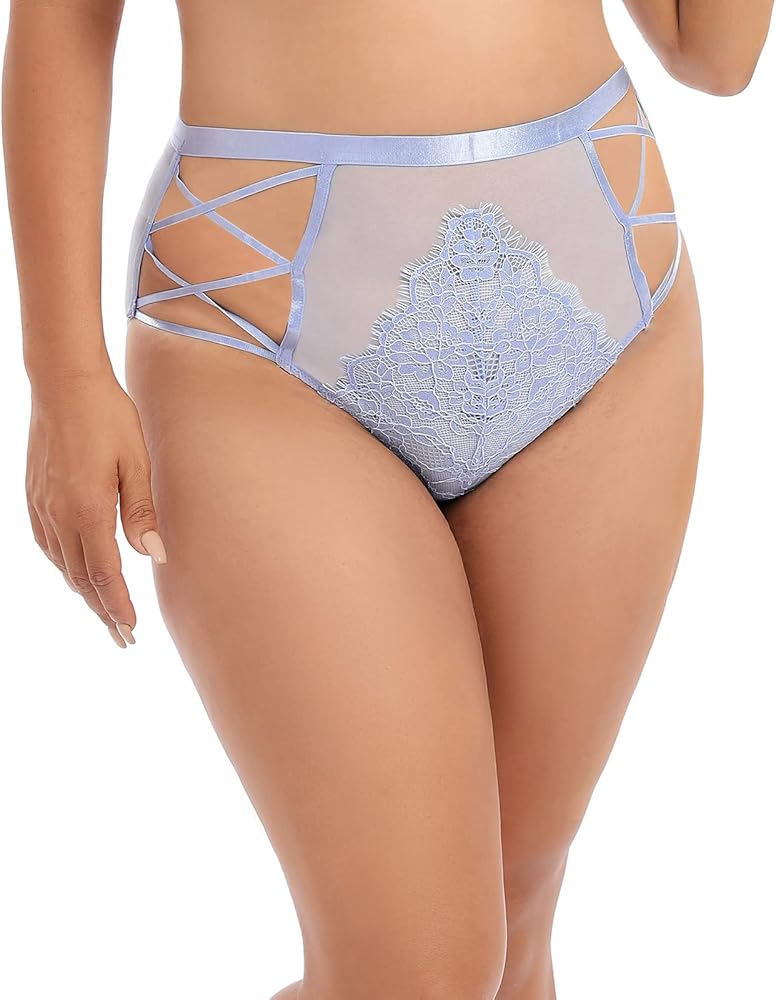 Women's plus size Lace Brief Panties Hi-Cut High Waist Bikini Eyelash Lace Criss-Cross Underwear（One Piece