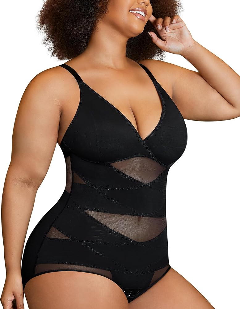 Nebility Plus Size Bodysuit Shapewear for Women Tummy Control Body Shaper Waist Trainer Butt Lifter V Neck Bra Jumpsuit Top