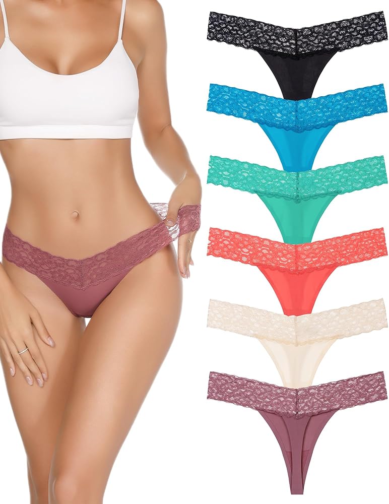 Thongs for Women, Seamless Women Thong Underwear Lace Panties No Show Lace Thongs for Women 6 Pack