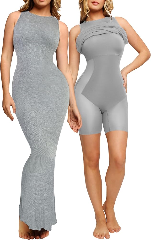 Popilush The Shapewear Dress Built-in Bra Bodycon Shaper Dress 9 in 1 Crew Neck Sleeveless Maxi Formal Dresses with Zipper