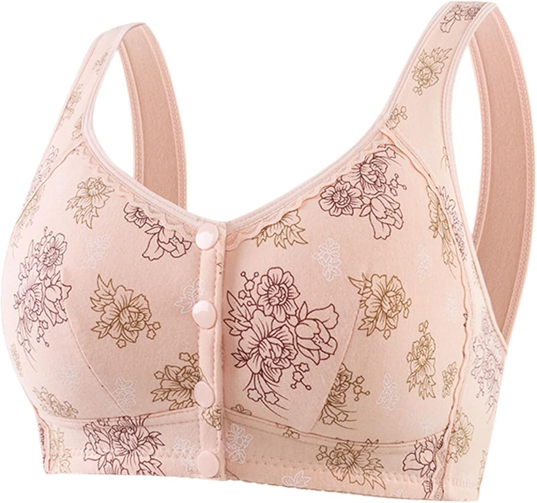 Daisy Bras for Older Women, Front Close Button Cotton Bra, Full Support No Underwire Sleep Bras Comfort Bralette