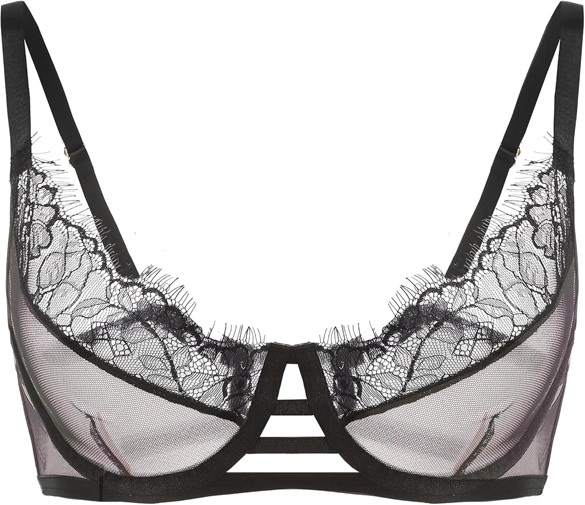 Women's Sheer Mesh Sexy Full Bust Eyelash Lace Floral Plunge Bra Minimizer Unlined Underwire Unpadded Bra