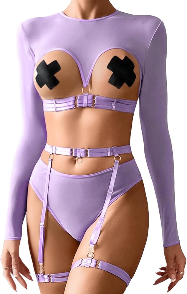 Kaei&Shi Rave Outfits for Women Festival Sexy,Sheer Mesh Long Sleeve Strappy Lingerie,Matching Garter Belt Lingerie Set