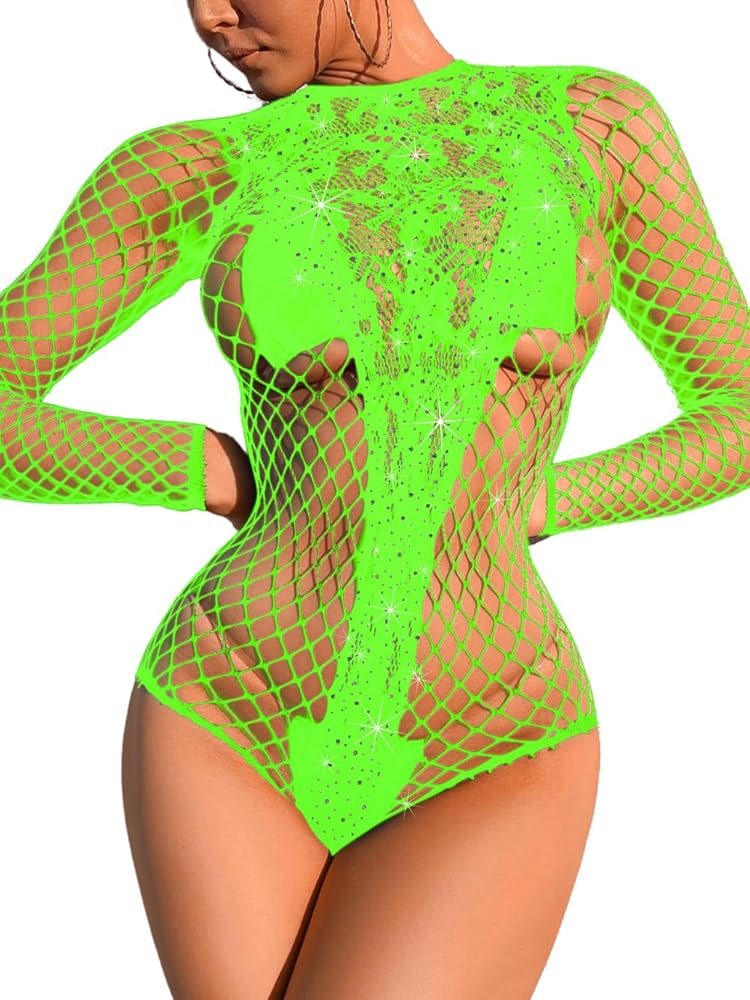 Sexy Women Rave Bodysuit, Rhinestone Halter, Fishnet Club Dancewear