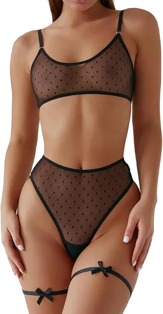 Women Lingerie Set See-Through Sexy Mesh Bra Sheer Wireless Unlined Brassiere Breathable with High Waist Ultra-thin Mesh Underwear Everyday Panties Brief + 2 Garters (Polka Dots, L/XL)