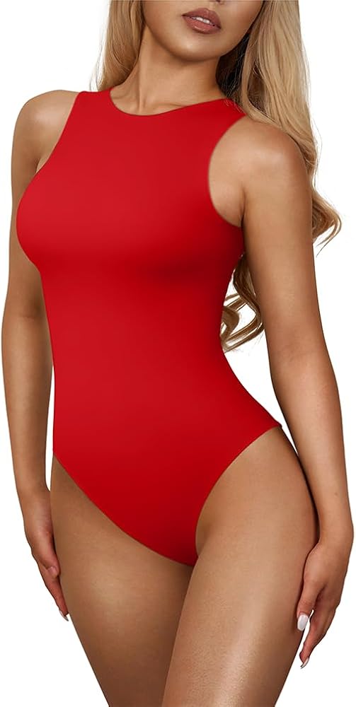 HYZ Women's Sexy Sleeveless Round Neck Fitted Work Party One Piece Bodysuit Tops