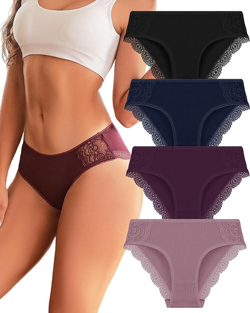 FINETOO Womens Cotton Underwear Sexy Lace Bikini Panties Low Rise Soft Stretch ladies Cotton Cheeky Hipster 4 Pack