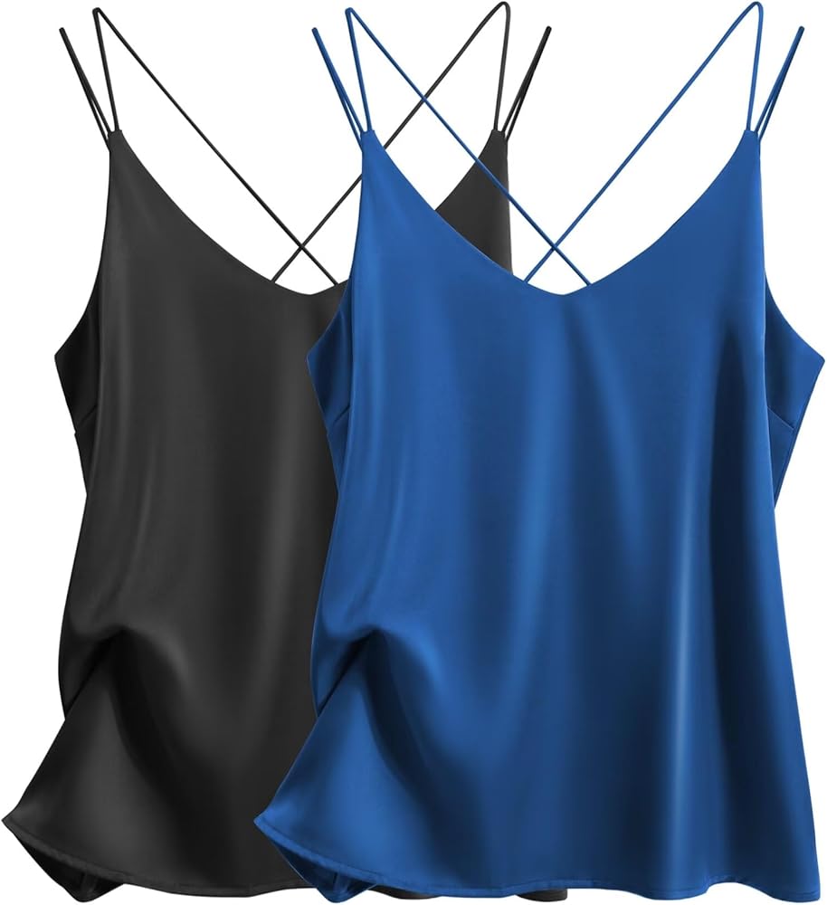 Ekouaer Womens Silk Satin Camisole Tank Tops V Neck Spaghetti Strap Blouses Cross Back Sleeveless Cami Shirt