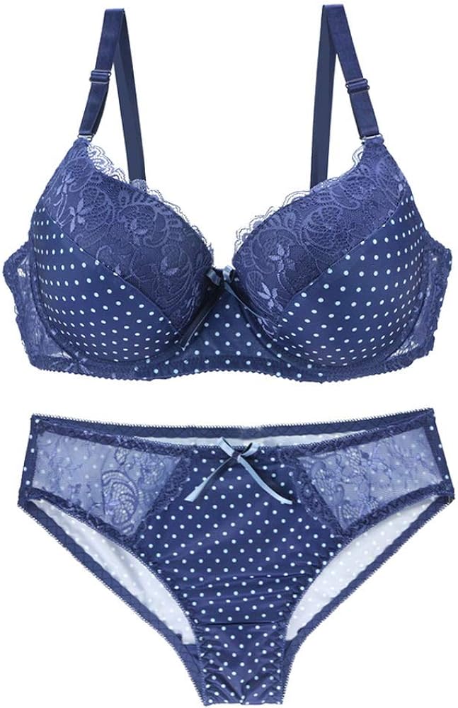 Women Bra and Panty Set Satin Bowknot Lace Polka Dot Underwire Bras Lingerie Set