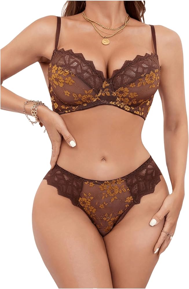 SOLY HUX Women's Sexy Lace Mesh Lingerie Set Floral Underwire Push Up Bra and Panty 2 Piece Sets