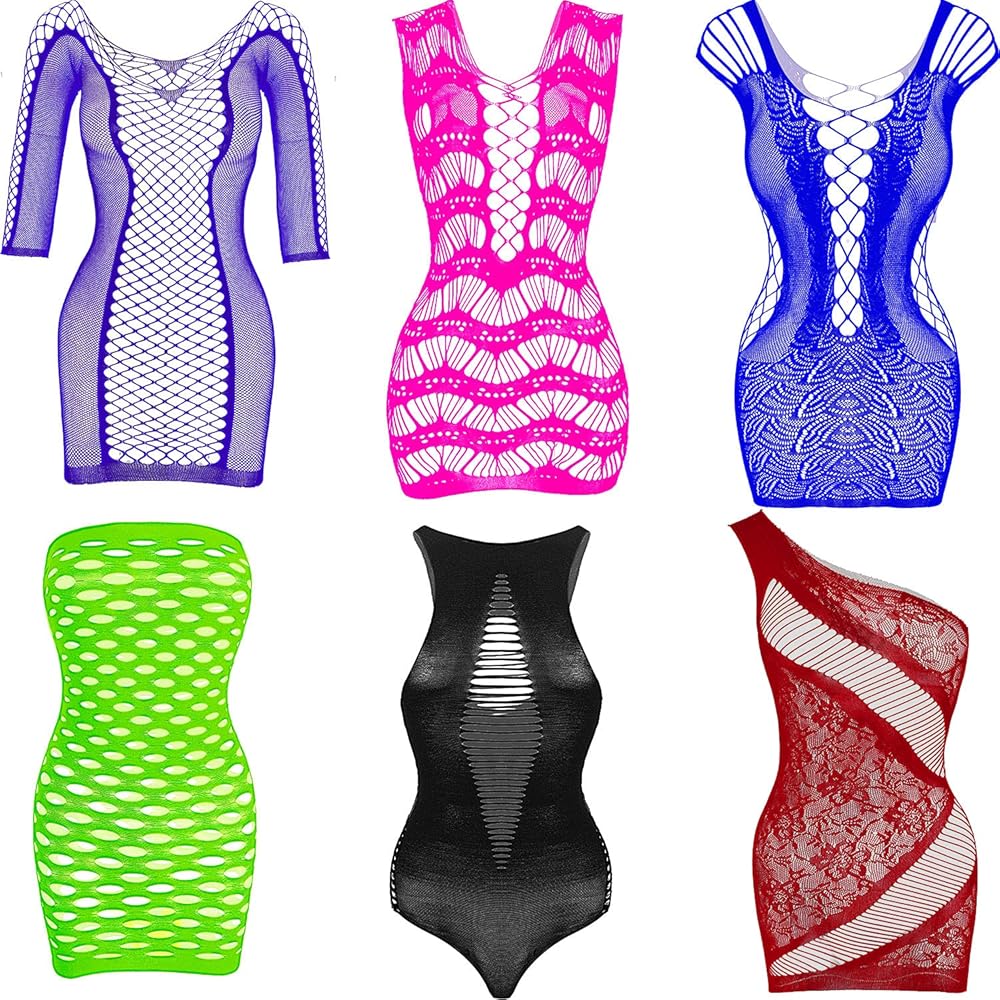 SATINIOR 6 Pieces Women Mesh Lingerie Fishnet Babydoll Mini Dress Mesh Bodysuit Sleepwear