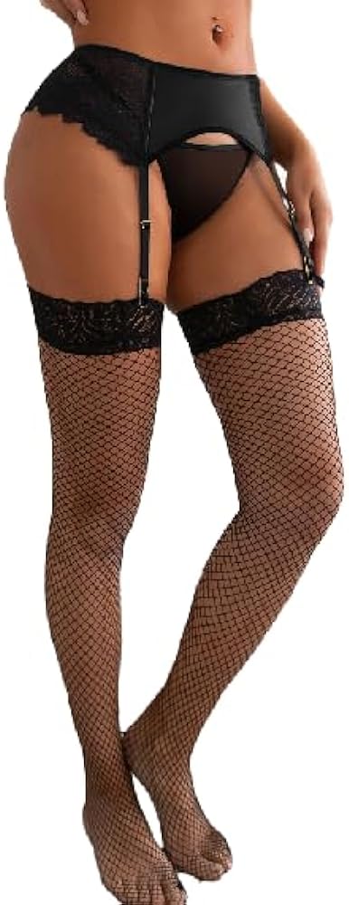 comeondear Garter Belt Plus Size Lace Women 4 Strap with G-String for Thigh Highs Black Lingerie for Women