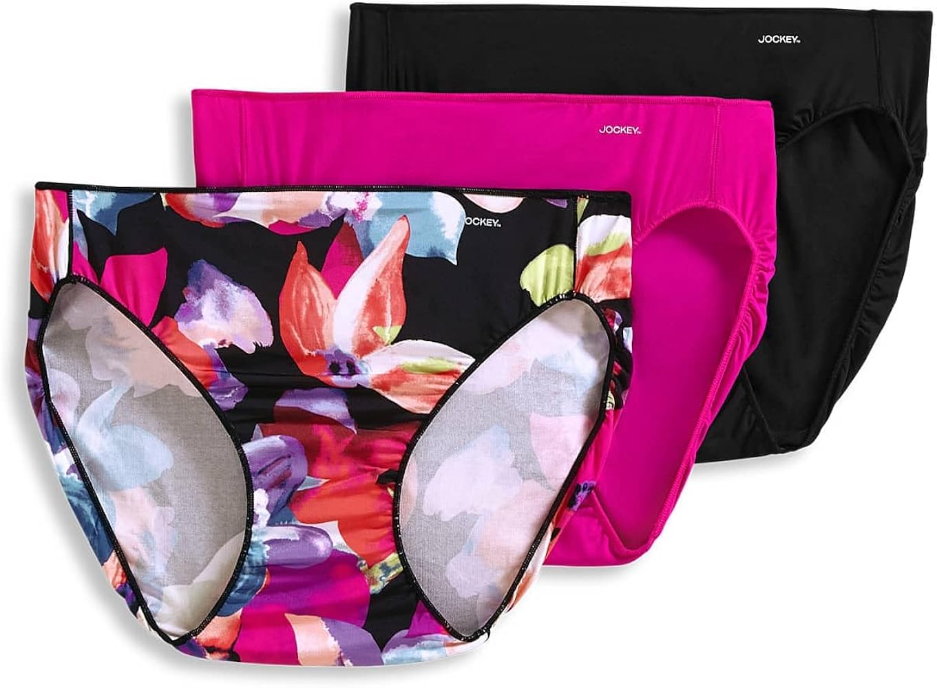 Jockey Women's Underwear No Panty Line Promise Bikini - 3 Pack, Wild Blooms/Black/Fuchsia Purple, 7