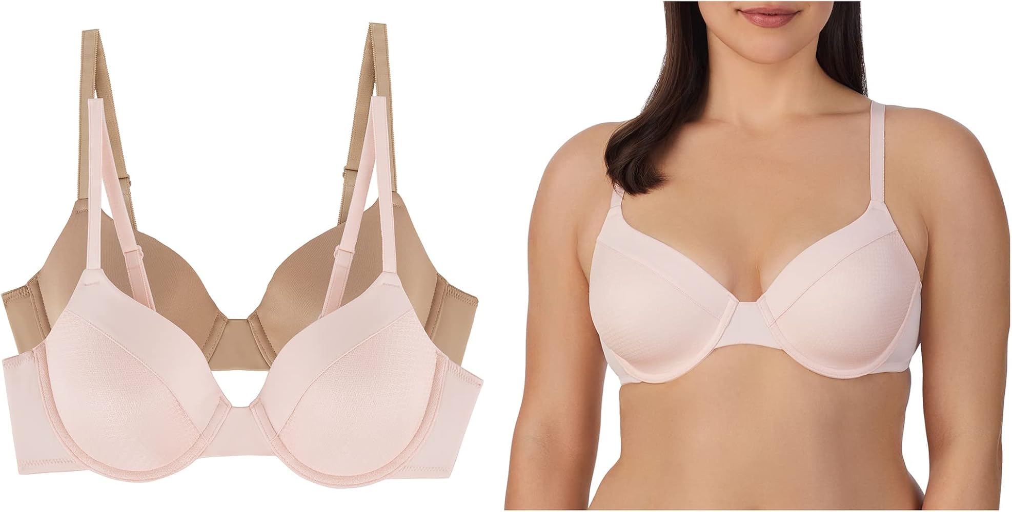 ELLEN TRACY Everyday T-Shirt Bra with Underwire - Solid and Textured Mesh Overlay - 2-Pack Multipack