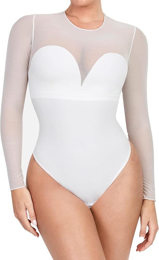 Popilush The Shapewear Bodysuit for Women Tummy Control Long Sleeve Mesh Bodysuits with Built in Bra Body suit Tank Tops