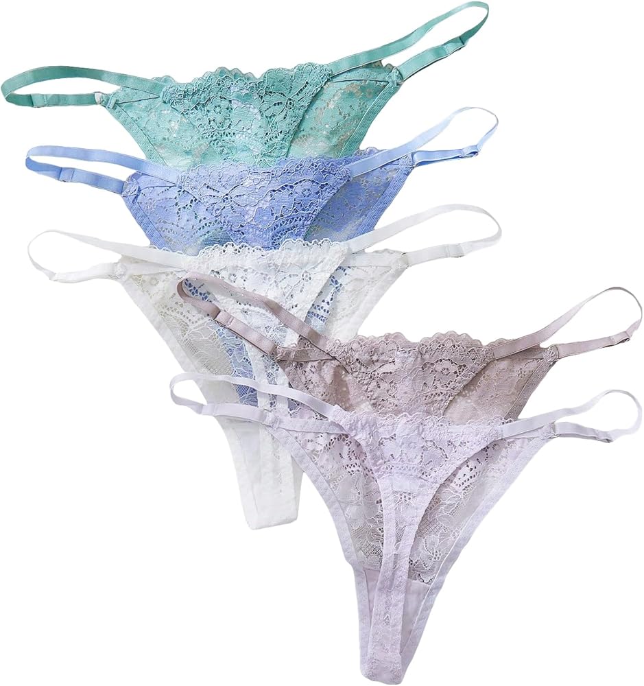 SweatyRocks Women's 5pack Floral Lace Adjustable Low Rise Comfy Underwear Thongs Panty Sets