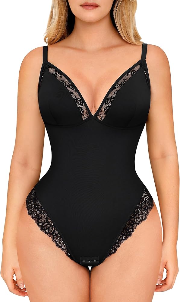 FeelinGirl Lace Bodysuits for Women Tummy Control Shapewear Bodysuit V Neck Thong Body Suit 2024