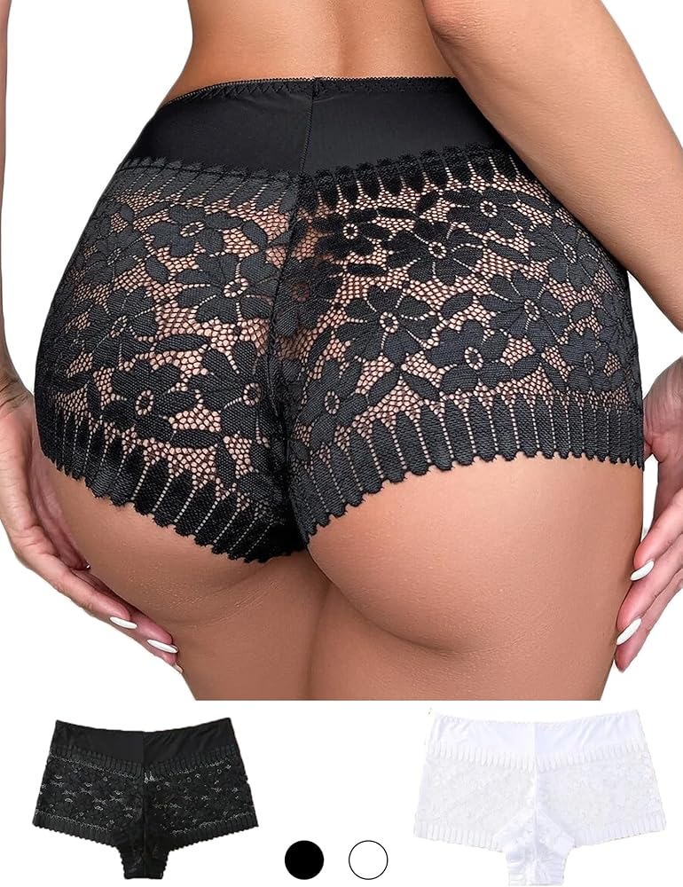 Sexy Underwear for Women Stretch Sexy Floral Lace Boy Shorts Panties High Waist Cheeky Underwear Pack