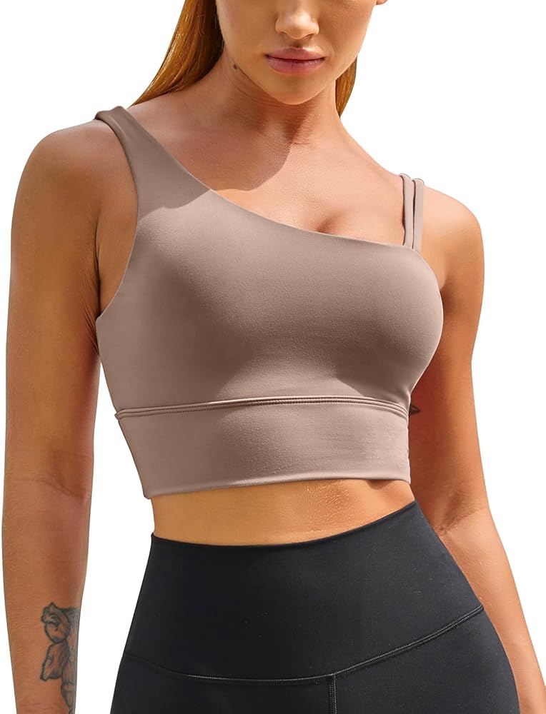 MELYUM Womens Long Line Sports Bra One Strap Workout Crop Tank Tops Supportive Yoga Open Back Asymmetrical Activewear