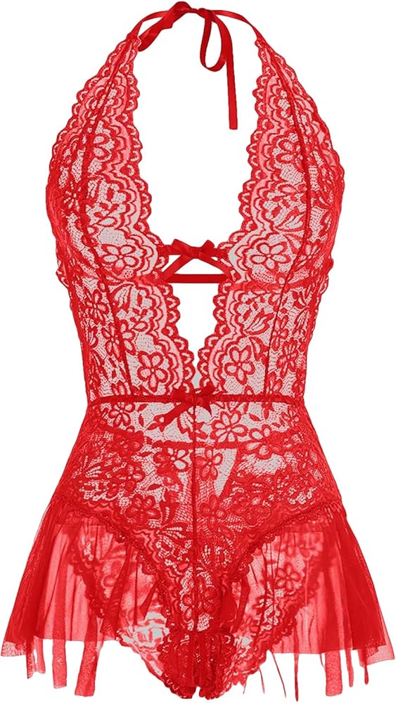 Verdusa Women's Lace Mesh Bow Front Halter Neck Teddy Lingerie Bodysuit