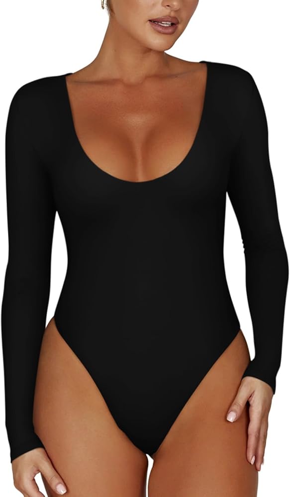 REORIA Women’s Sexy Scoop Neck Long Sleeve Double Lined Stretchy Shirt Tops Going Out Bodysuits