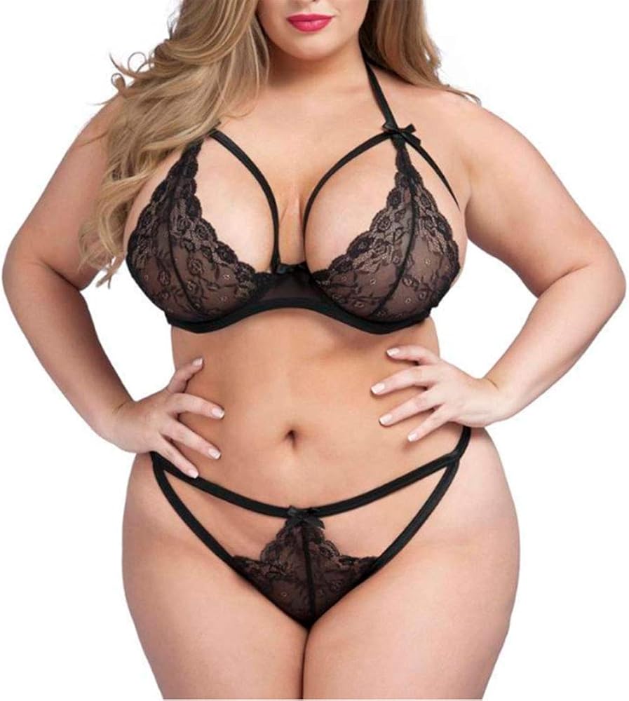 FlatterMe Women's Plus Size Lingerie Set Lace Strappy Halter Bra Underwear Suit