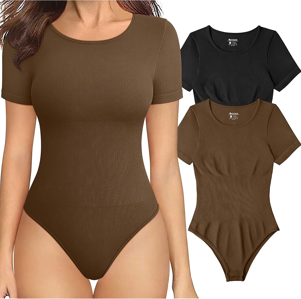 OQQ Women's 2 Piece Bodysuits Sexy Ribbed One Piece Short Sleeve Tops Bodysuits