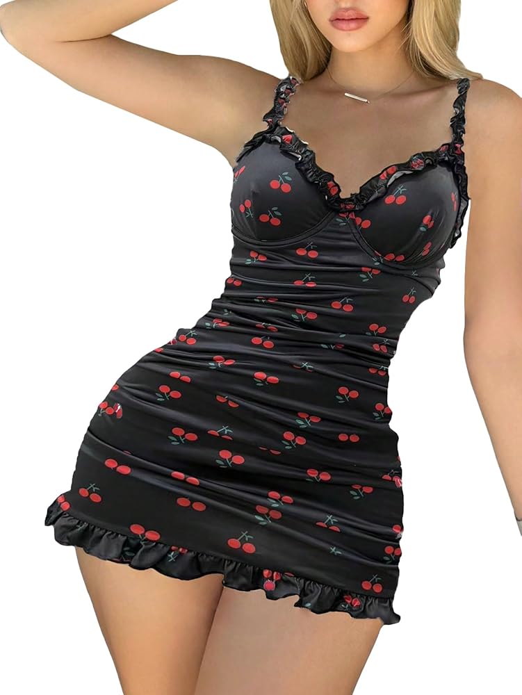 SHENHE Women's Ruched Cute Cherry Print Babydoll Lingerie Dress Nightgown with Thong Set