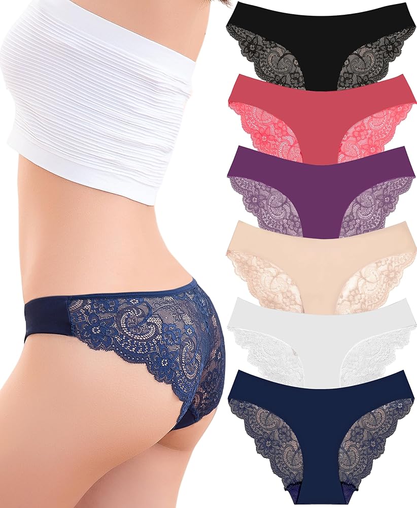 Kingfung 6 Pack Cheeky Underwear for Women Lace No Show Bikini Soft Breathe Seamless Panties Ladies Sexy Hipster