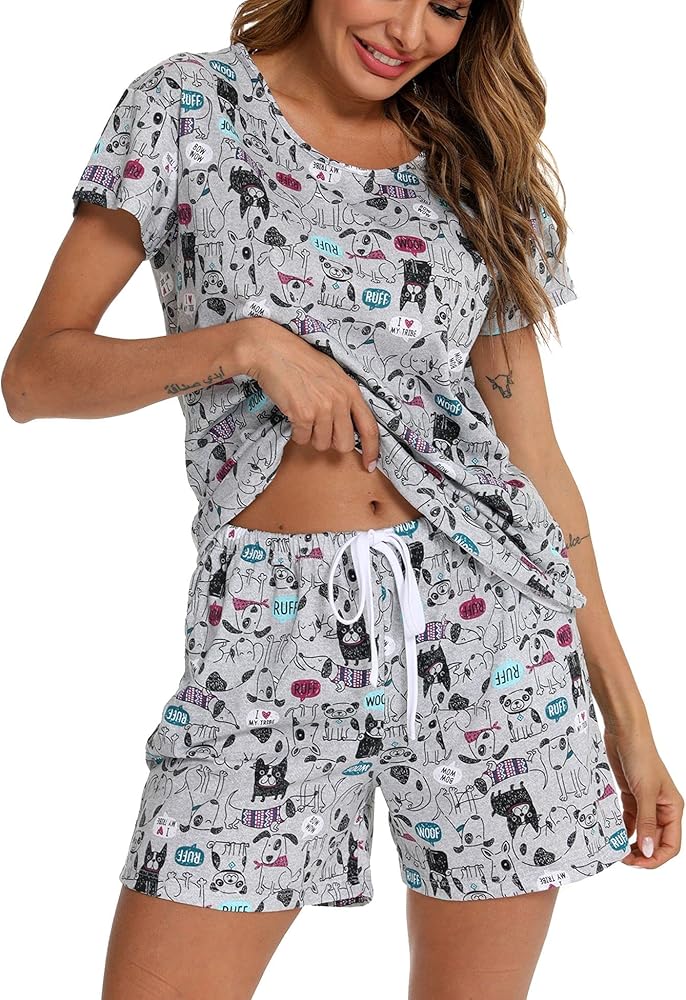 ENJOYNIGHT Cute Pajama Sets for Women Sleepwear Print Tee and Shorts Pajama Set Cotton Pj Set