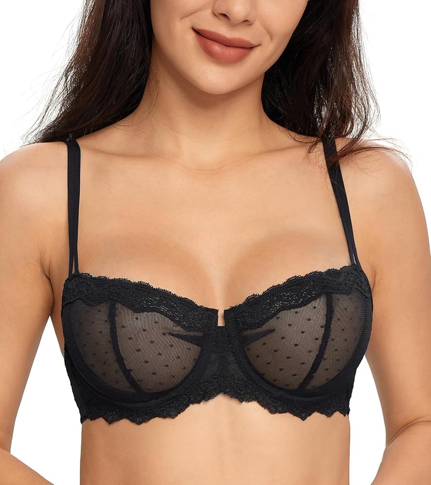 Lemorosy Women's Non-Padded Underwire Lace Balconette Unlined Demi Sheer Bra