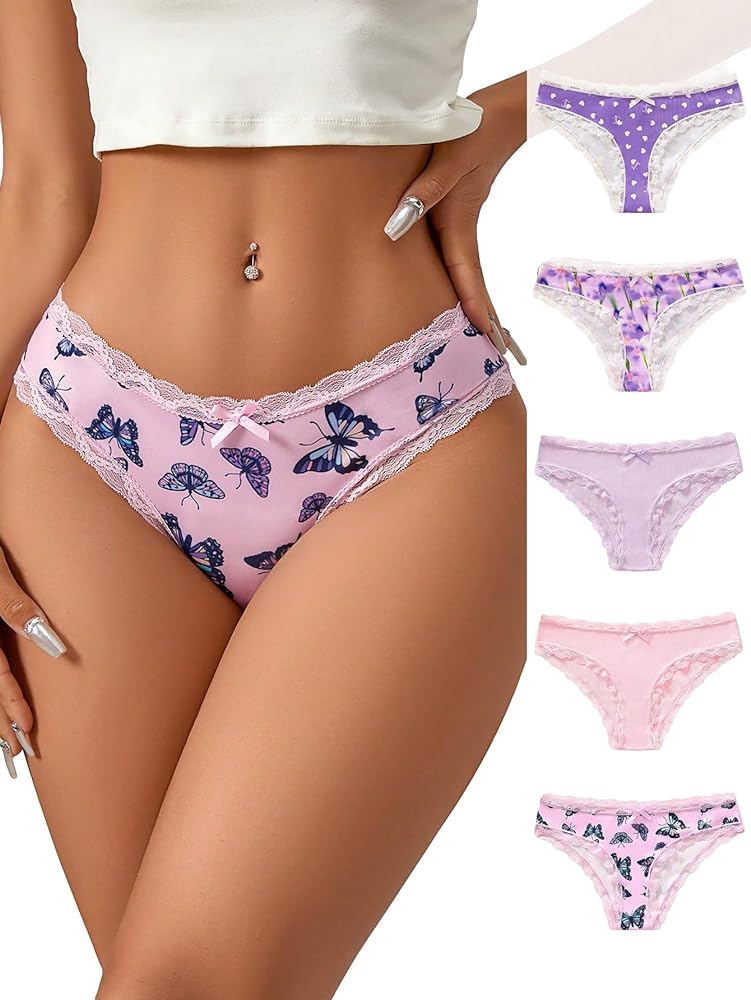 Milumia Women's 5 Pieces Sexy Panties Underwear Lace Trim Bow Knot Printed Briefs Bikinis