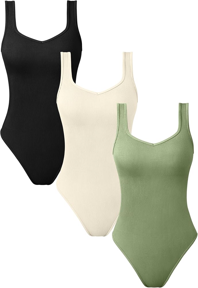 OQQ Women's 3 Piece Bodysuits Sexy V Neck Sleeveless Stretch Tank Tops Bodysuits