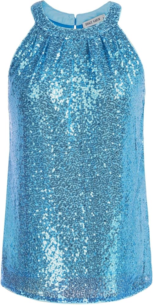 GRACE KARIN Sequin Halter Tops for Women Sleeveless Sparkly Shiny Tank Tops Ruched Flowy Sparkly Club Outfits Party Shirt