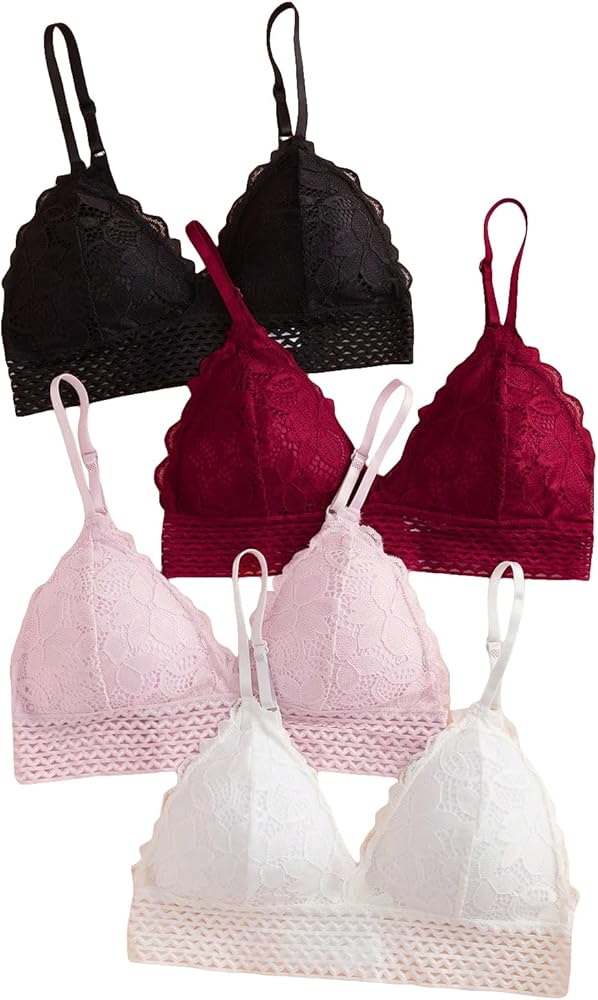 SOLY HUX Bras for Women 4 Piece Floral Lace Wireless Bra Everyday Bralette Set