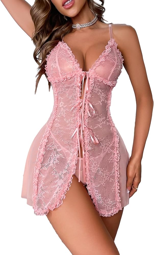 SOLY HUX Women's Lace Mesh Tie Front Babydoll Lingerie Sleepwear Chemise with Thong