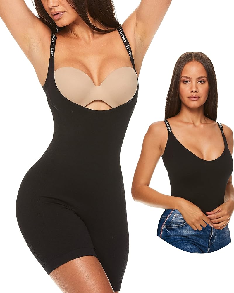 bebe Womens Seamless Shapewear Bodysuit - Wear With Own Bra - Mid-Thigh Bodysuit Shapewear - Full Body Shaper