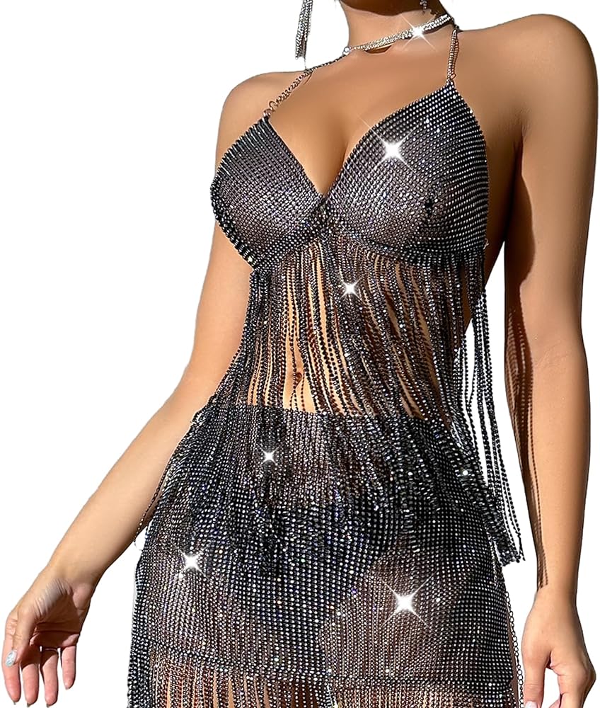 Women Sexy Mesh Rhinestone Crop Top Sparkly Glitter Halter Fishnet Tank Top See Through Cover Up Tassel Shirt Clubwear