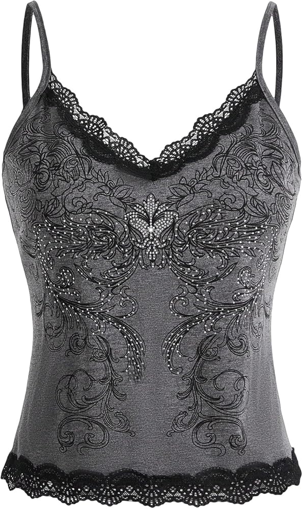 SHENHE Women's Lace Trim Ruched Graphic Print Spaghetti Strap Crop Tank Top Camisole Grey 2XL