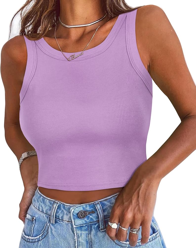 Womens Crop Tank Tops Round Neck Summer Top Solid Crop Top Slim Fit Camisole Racerback Vest