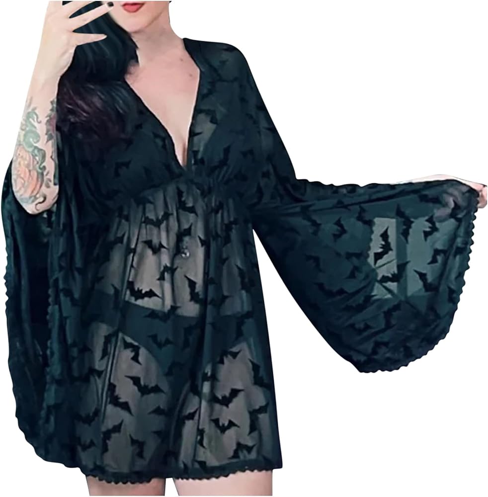 Oplxuo Womens Halloween Lingerie Bat Print Babydolls Chemises Set Sexy Nightgown Exotic Sleepwear Long Sleeve Kimono Robe Top