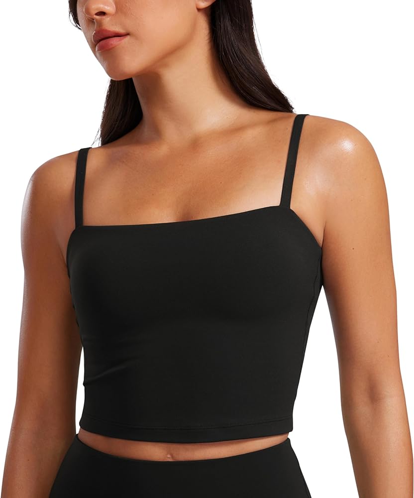 CRZ YOGA Butterluxe Adjustable Longline Sports Bras for Women - Square Neck Padded Workout Crop Top Camisole Tank Top