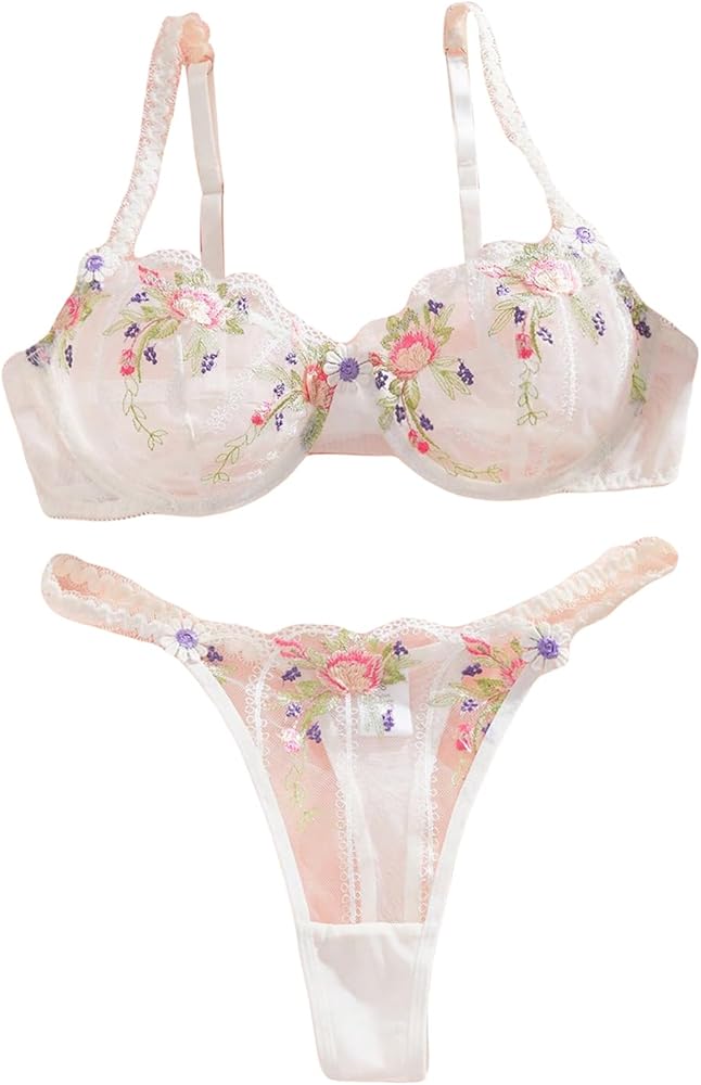 SHENHE Women's Floral Embroidered Mesh Bra and Thong Panty Sheer Lingerie Set 2 Piece