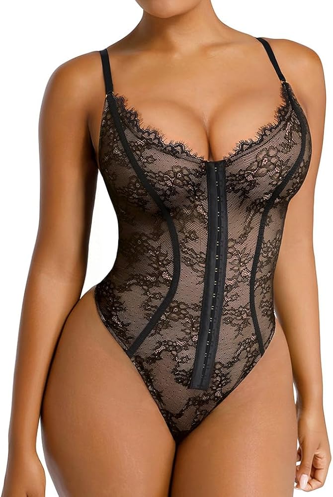 SHAPELLX Lace Bodysuit for Women Tummy Control Shapewear Backless Body Suits One Piece Body Shaper Thongs