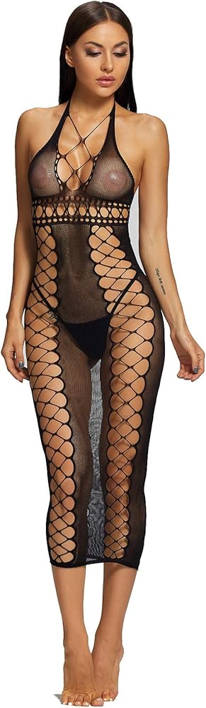 Fairydreamy Womens Sexy Lingerie Fishnet Babydoll Hollow-out Chemise Mini-dress Nightwear