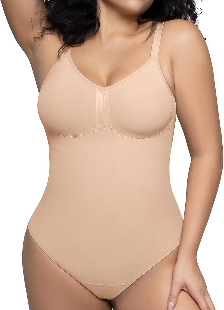 PUMIEY Shapewear Bodysuit for Women Tummy Control V-Neck With Open Gusset Hourglass Collection