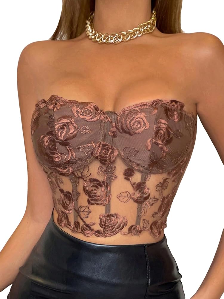 SHENHE Women's Lace Strapless Floral Embroidery Sexy Bustier Fitted Crop Tube Top